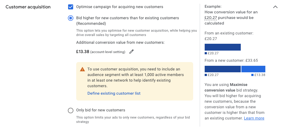 Screen shot of Customer Acquisition settings in Google Ads Performance Max interface