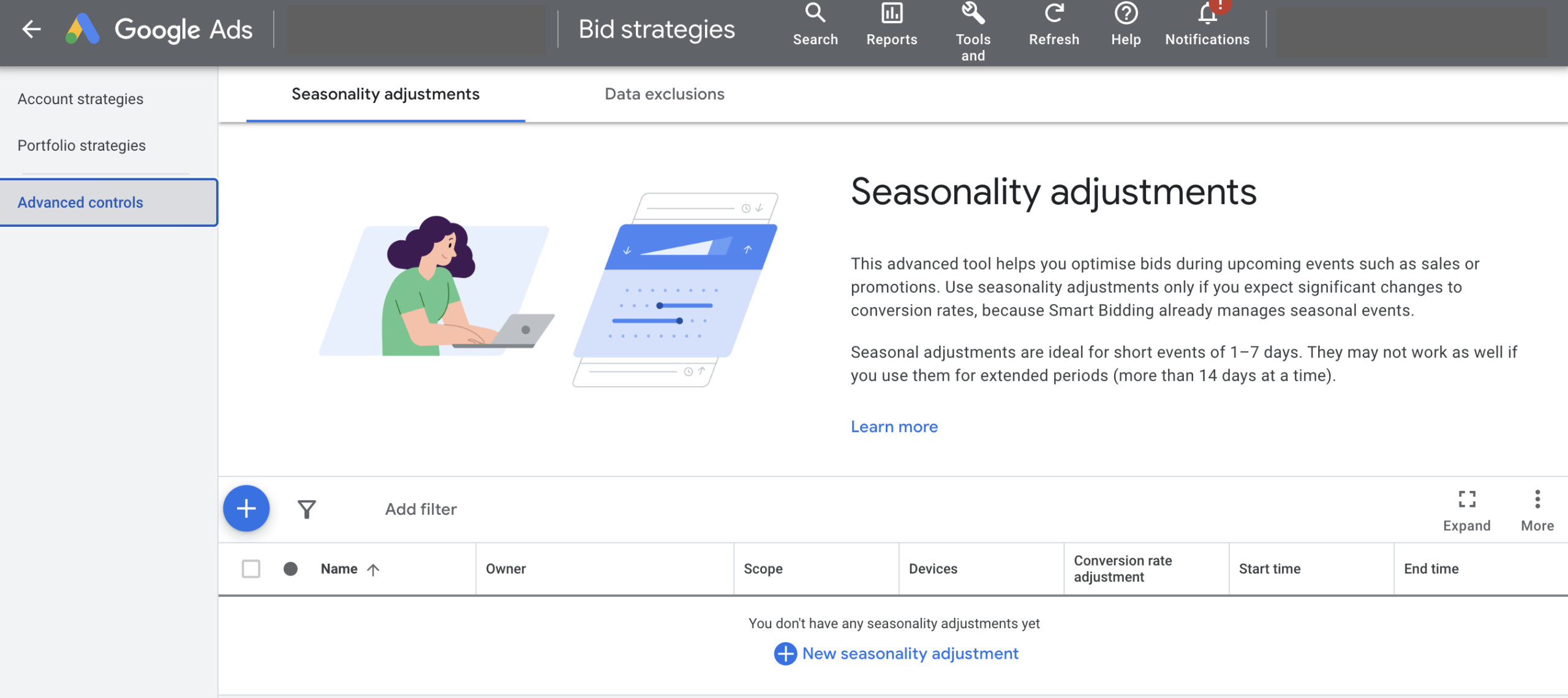 Screen shot of seasonal bidding in Google Ads interface