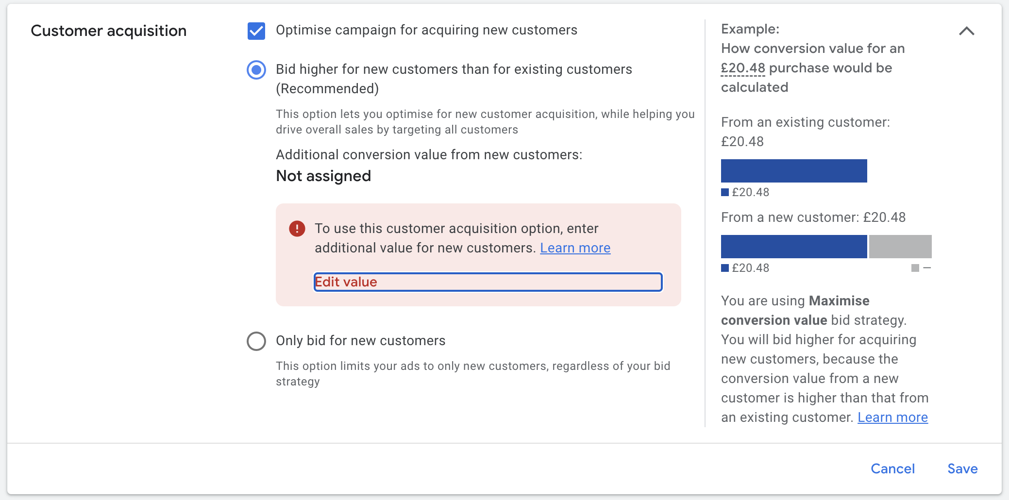 Screenshot of setting customer acquisition goals in Google Performance Max campaign interface