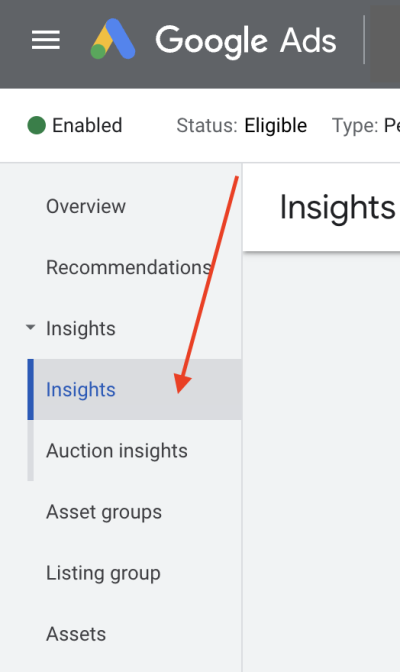 Screen shot of route to access insights in Google Ads interface