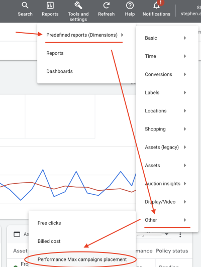 Screen shot of how to access Placement Report in Google Ads Performance Max interface