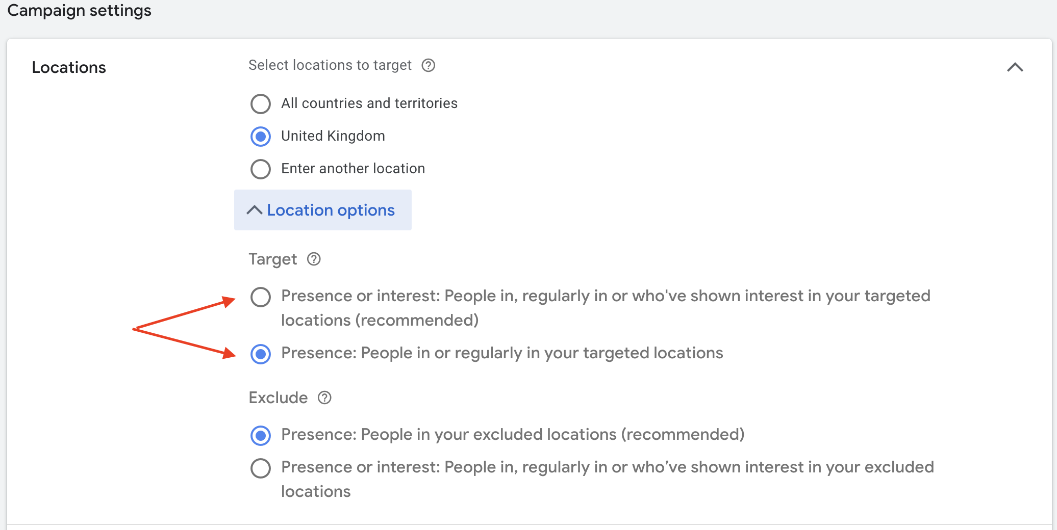 Screen shot of advanced location settings in Google Ads interface for Performance Max campaign