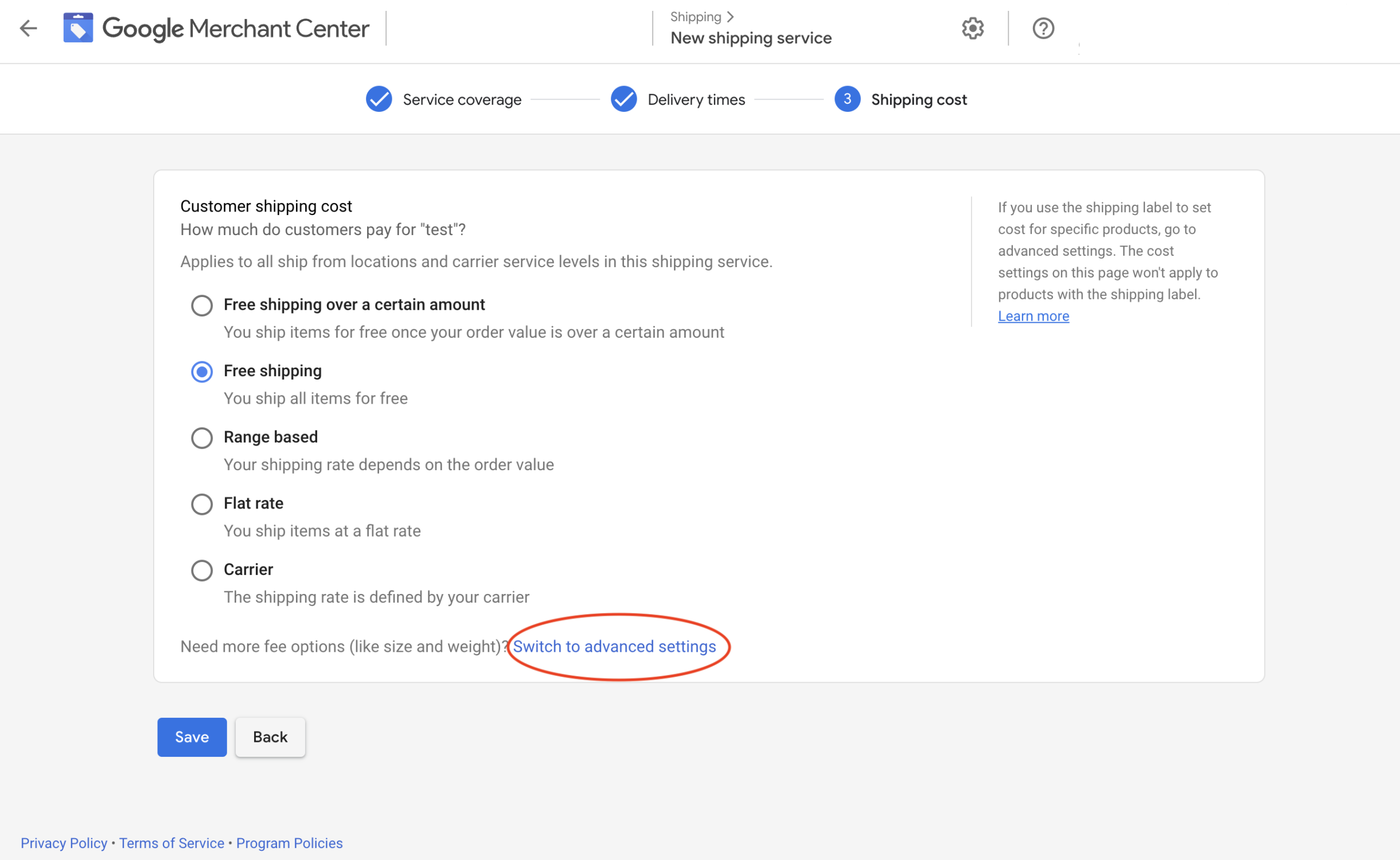 Screen shot of where to location advanced shipping settings in Google Merchant Center