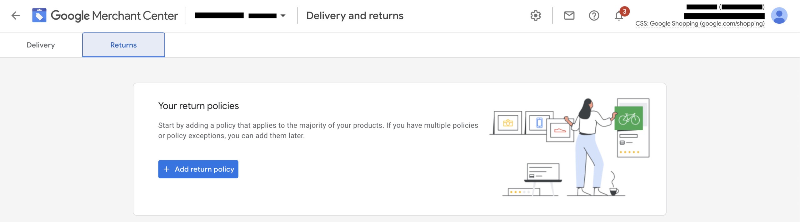 Screen shot of Returns policy settings in Google Merchant Center