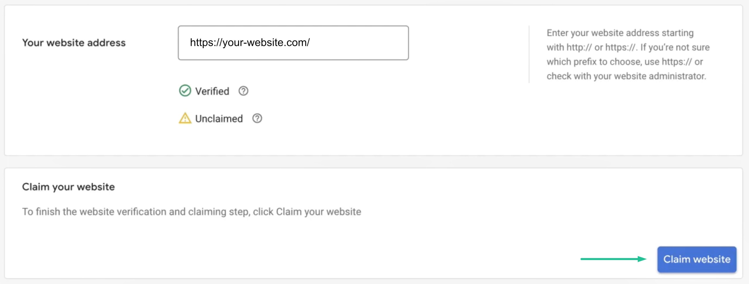 Screen shot of the final step in claiming your website in Google Merchant Center interface
