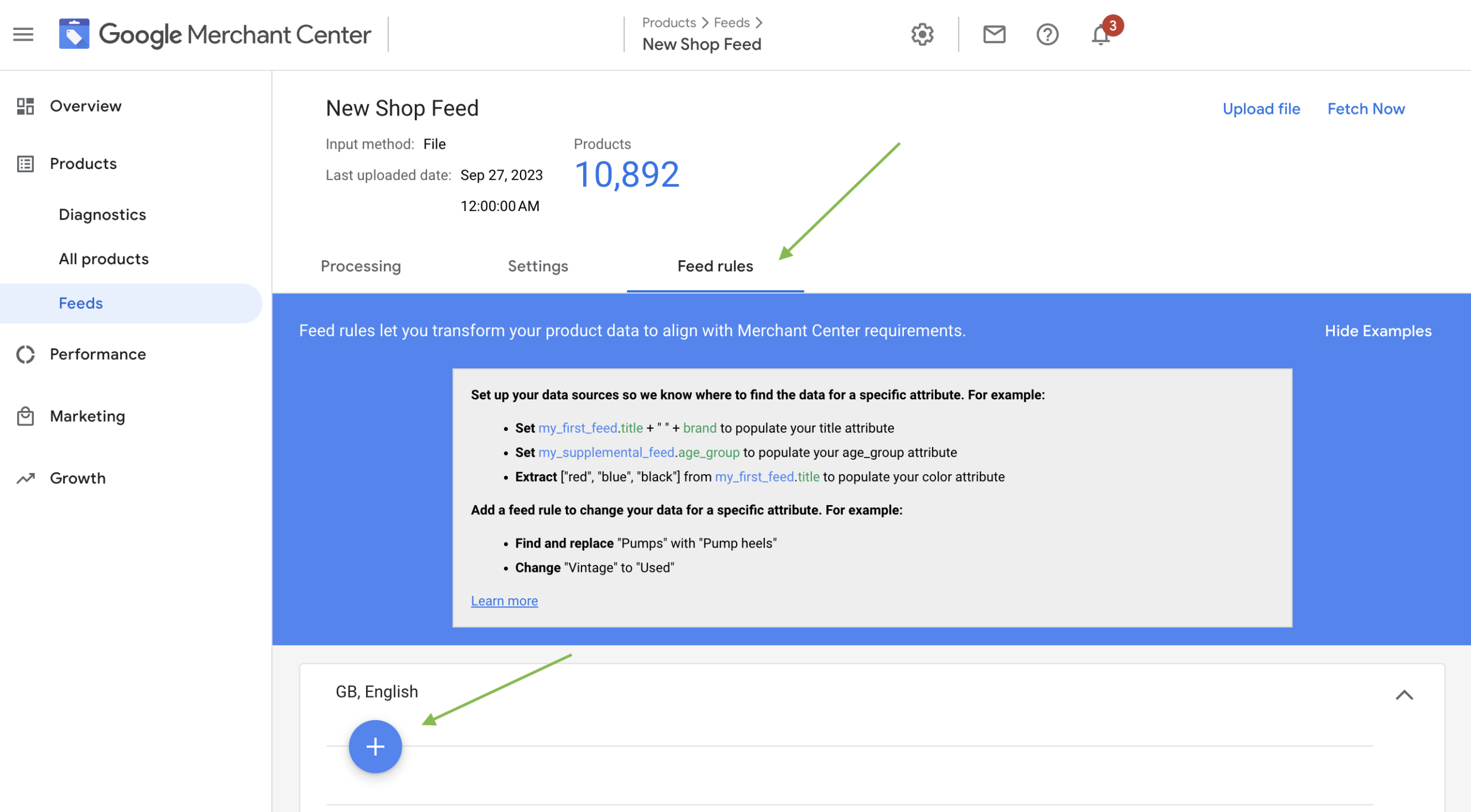 Screenshot of where to create a feed rule in the Google Merchant Center interface