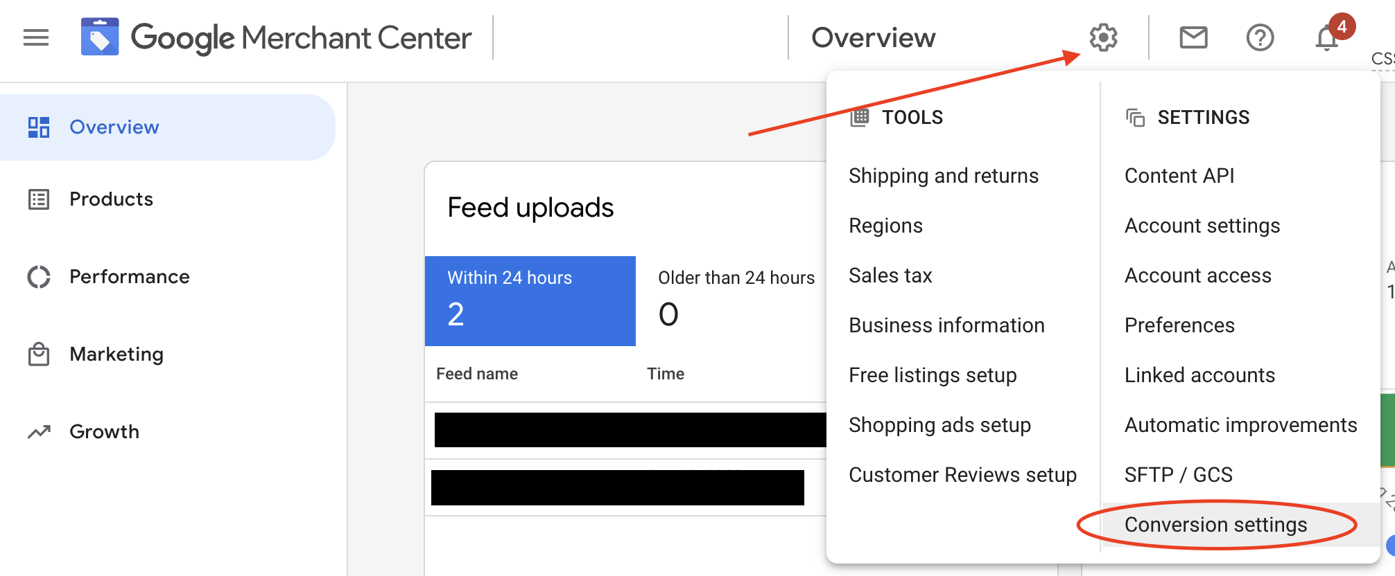 Screen shot of Tools and Settings menu in Google Merchant Center, annotated to indicate where to access Conversion settings by turning on Auto-tagging