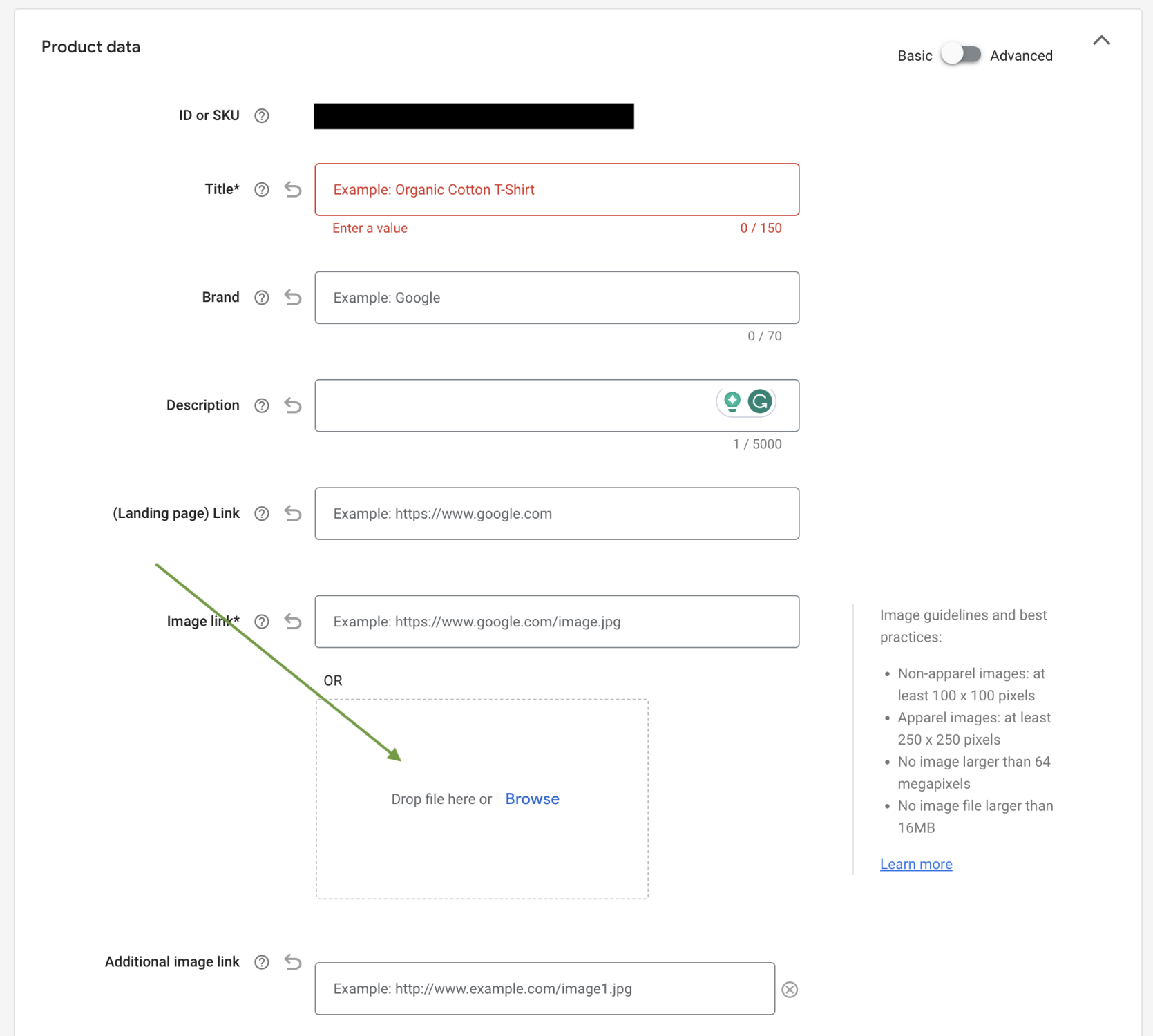 Screenshot indicating where to add a new product image to resolve feed errors in Google Merchant Center