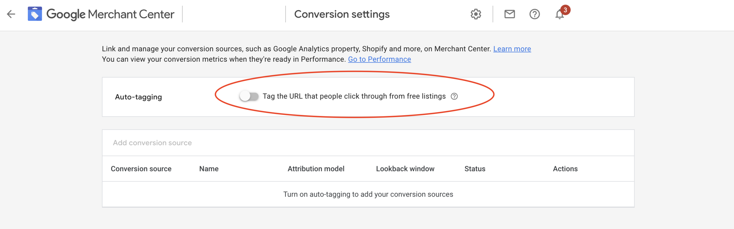 Screen shot of Google Merchant Center conversion settings - where to turn on auto-tagging