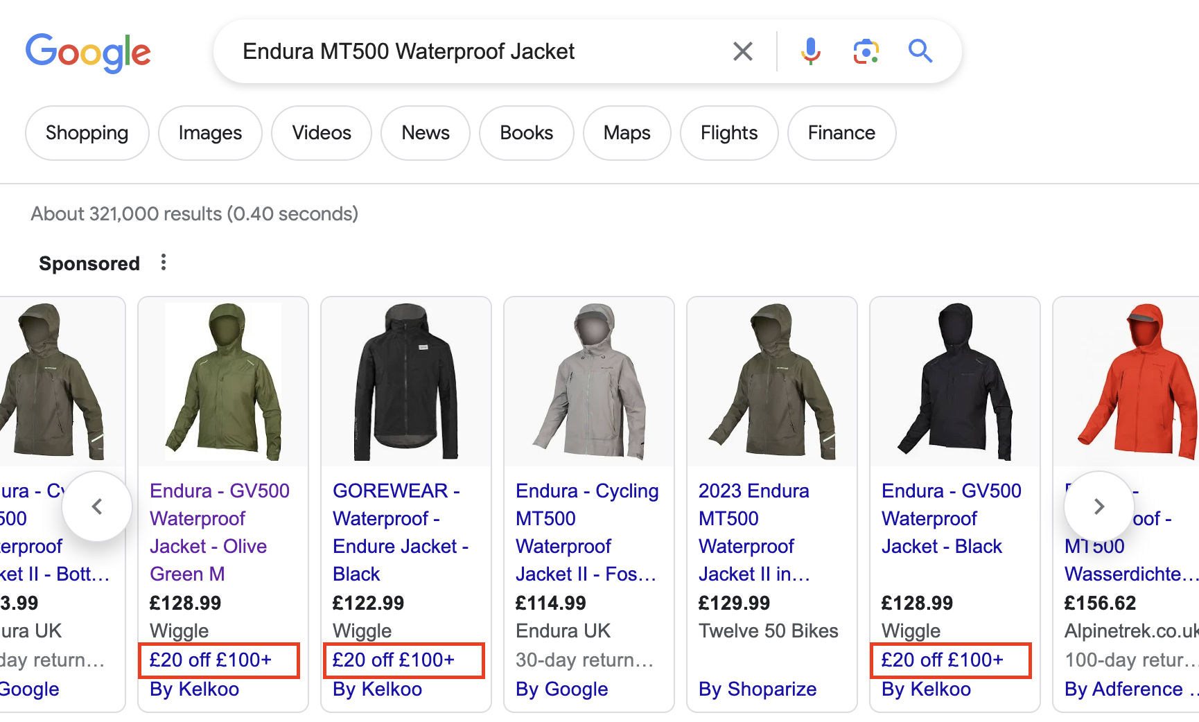 Screen grab of Google Product Listing Ads with Merchant Center Promotion applied