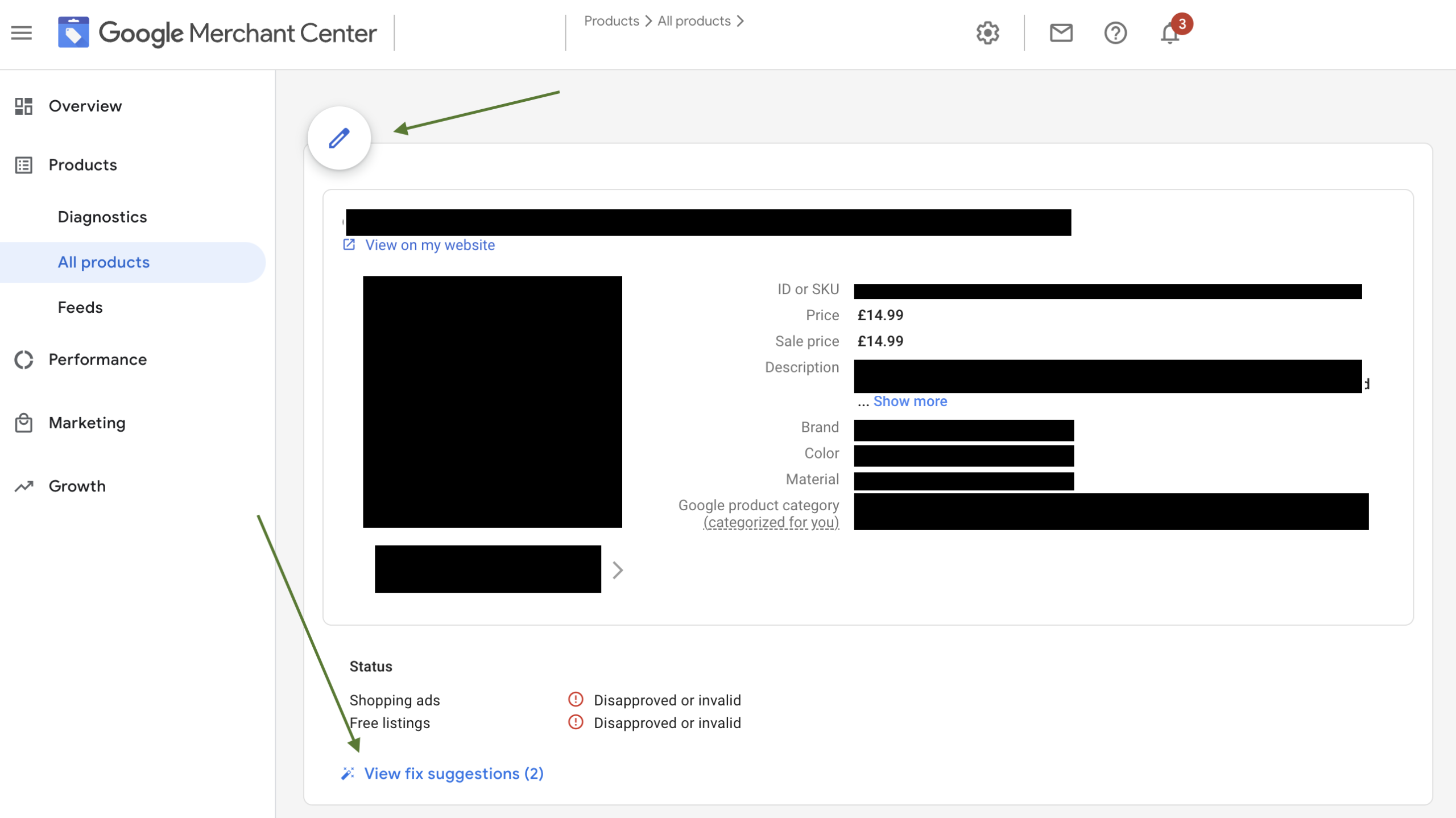 Screenshot indicating where to update product listing ad details manually in Google Merchant Center