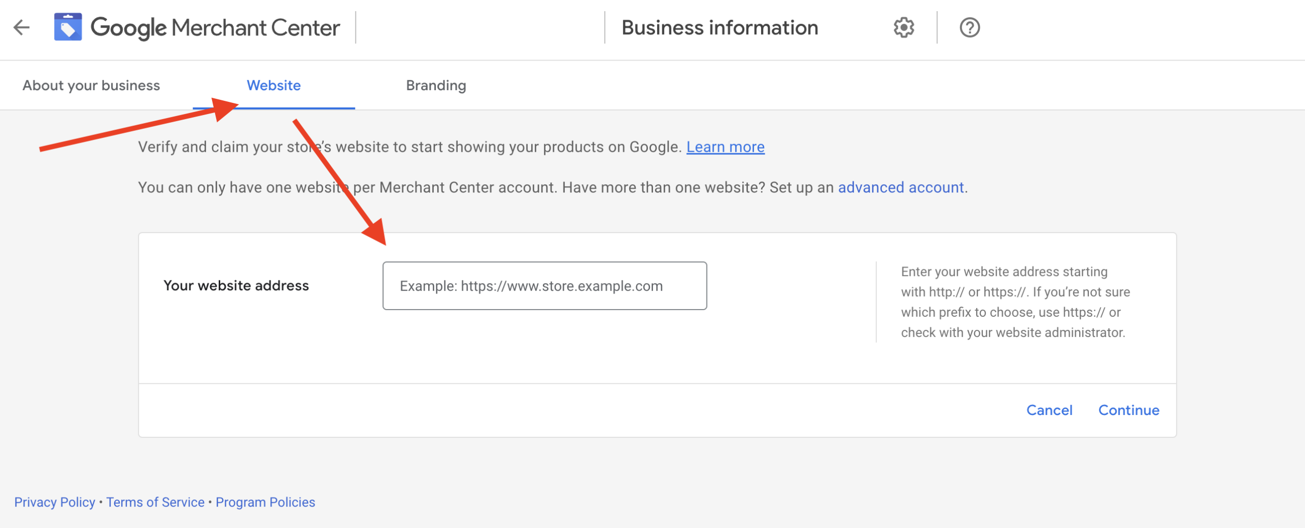 Screen shot of varify website process in Google Merchant Center interface with annotations