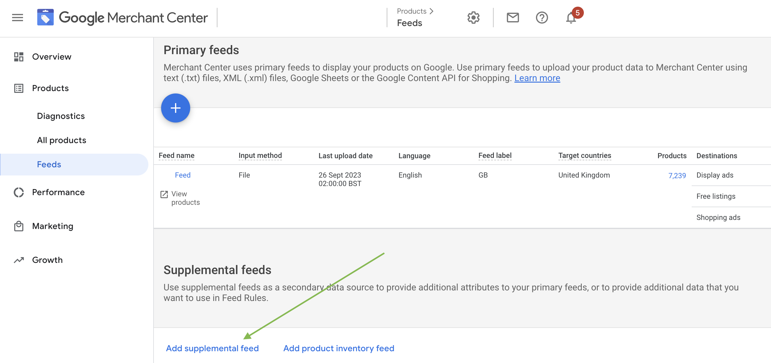 Screenshot of where to add supplemental feed in Merchant Center interface