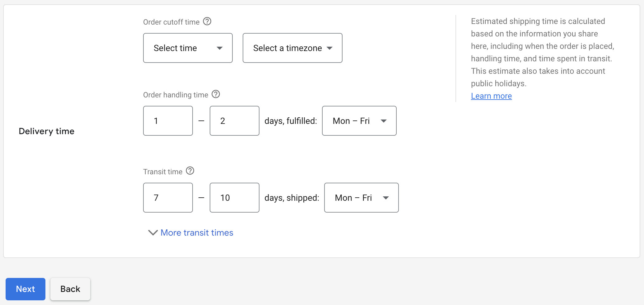 Screen shot of delivery time settings in Google Merchant Center interface