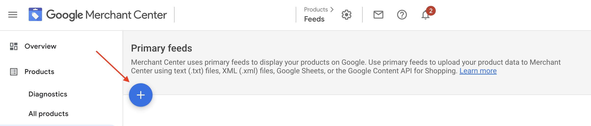 Screen grab of where to add new primary product feeds in Google Merchant Center interface