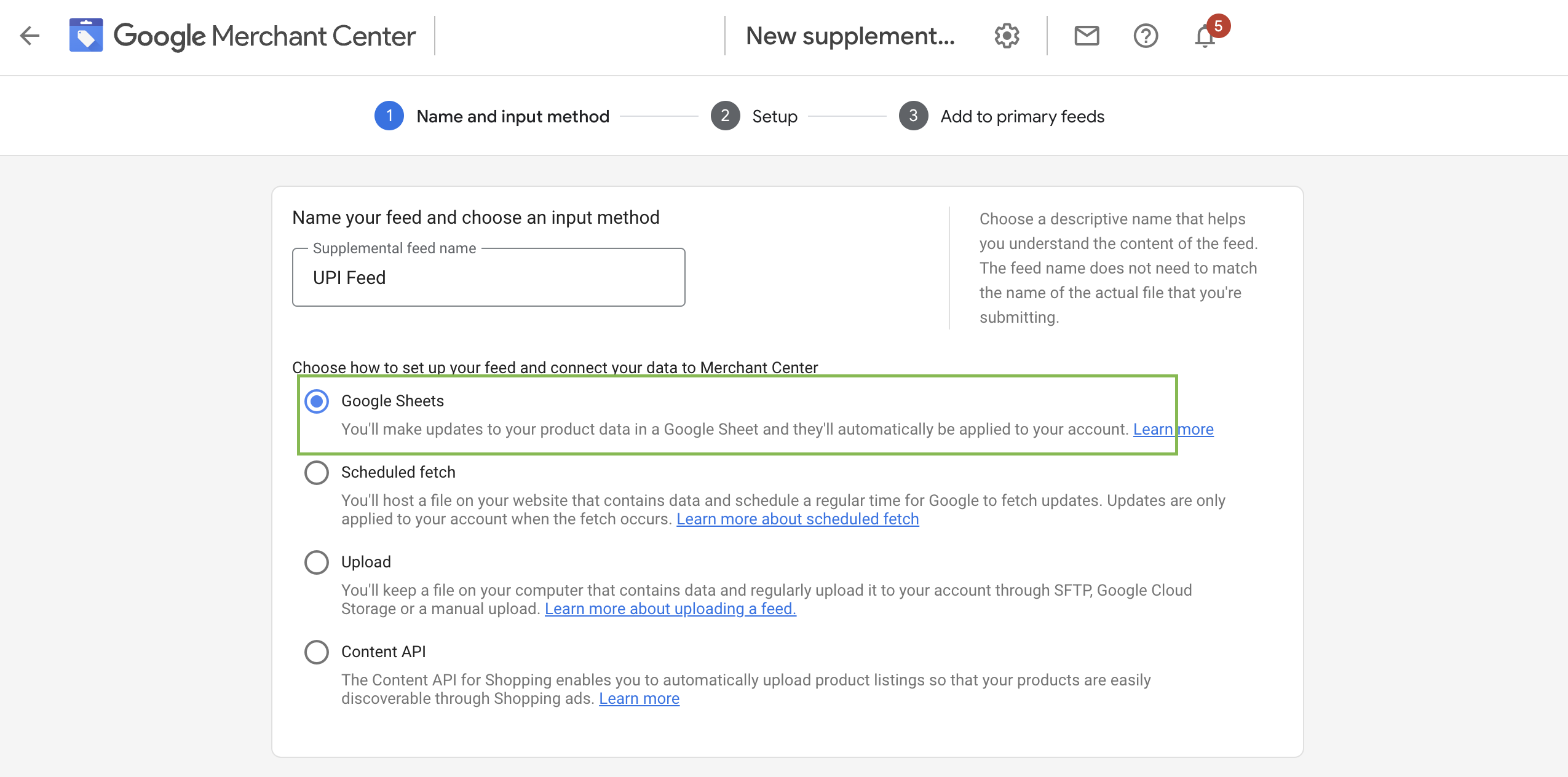 Screenshot of setting Google Sheet as supplemental feed in Merchant Center interface