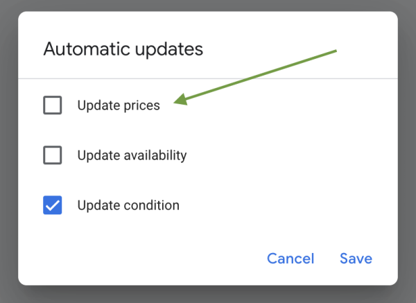Screenshot indicating where to turn on Automatic Price Updates in Google Merchant Center
