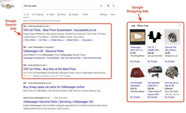 Example of Google Search Google Shopping Ads VW Car Parts
