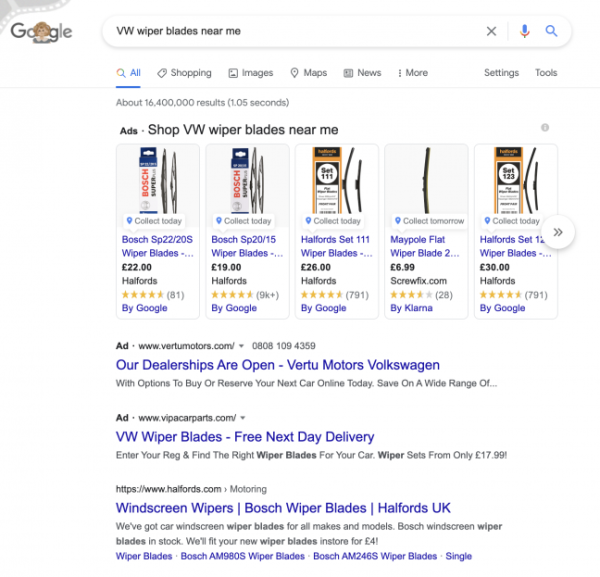 Google Search Results for Search VW Wiper Blades Near Me